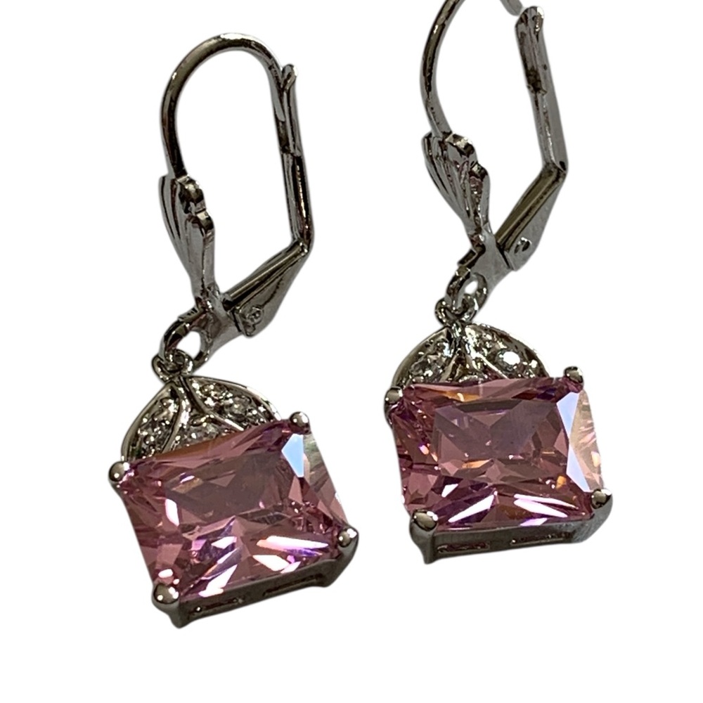 Stunning Pink CZ Rhodium Plated Drop Earrings - Princess Cut